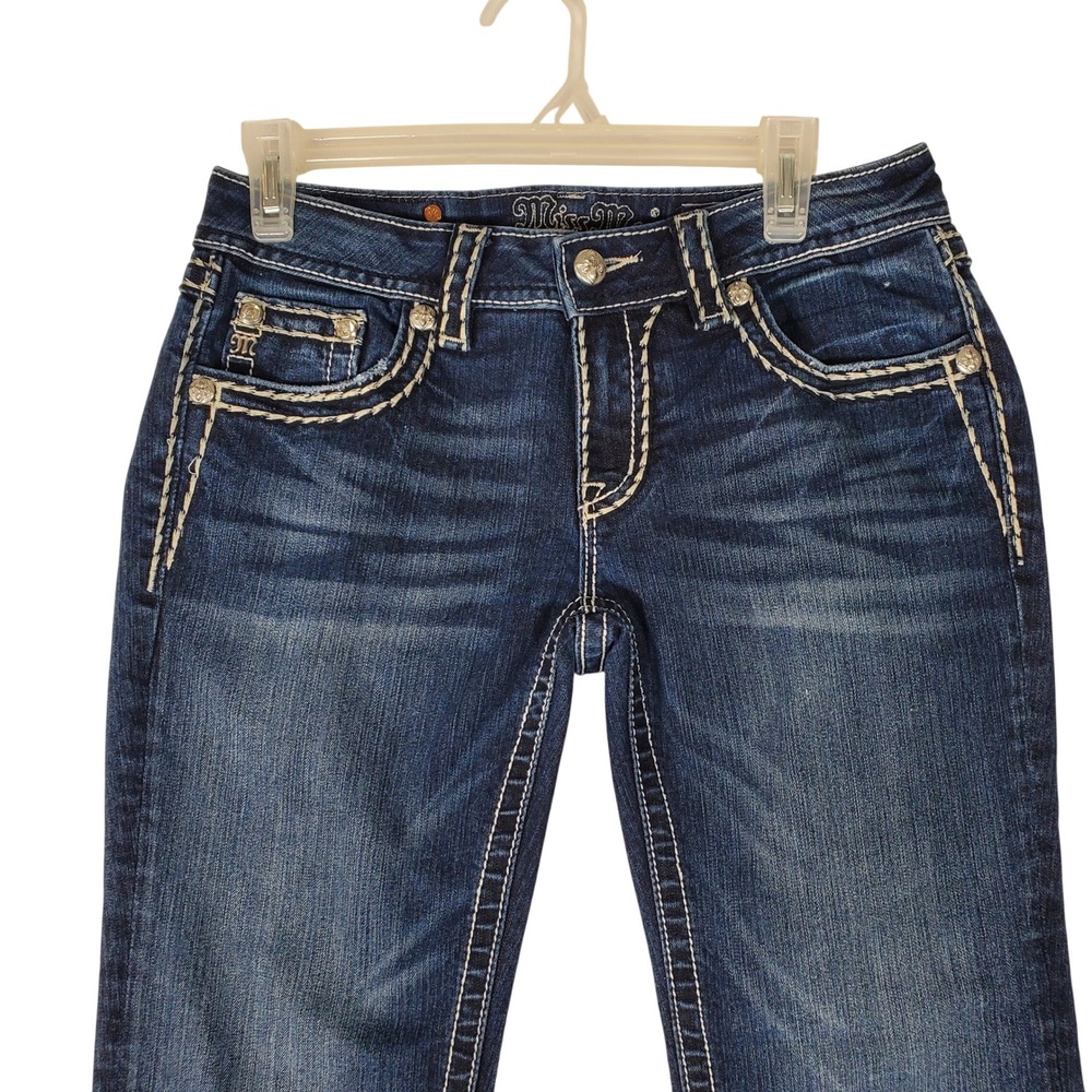 Miss Me Signature Cuffed Capri Jeans Dark Wash Thick Stitch Embellished Size 29